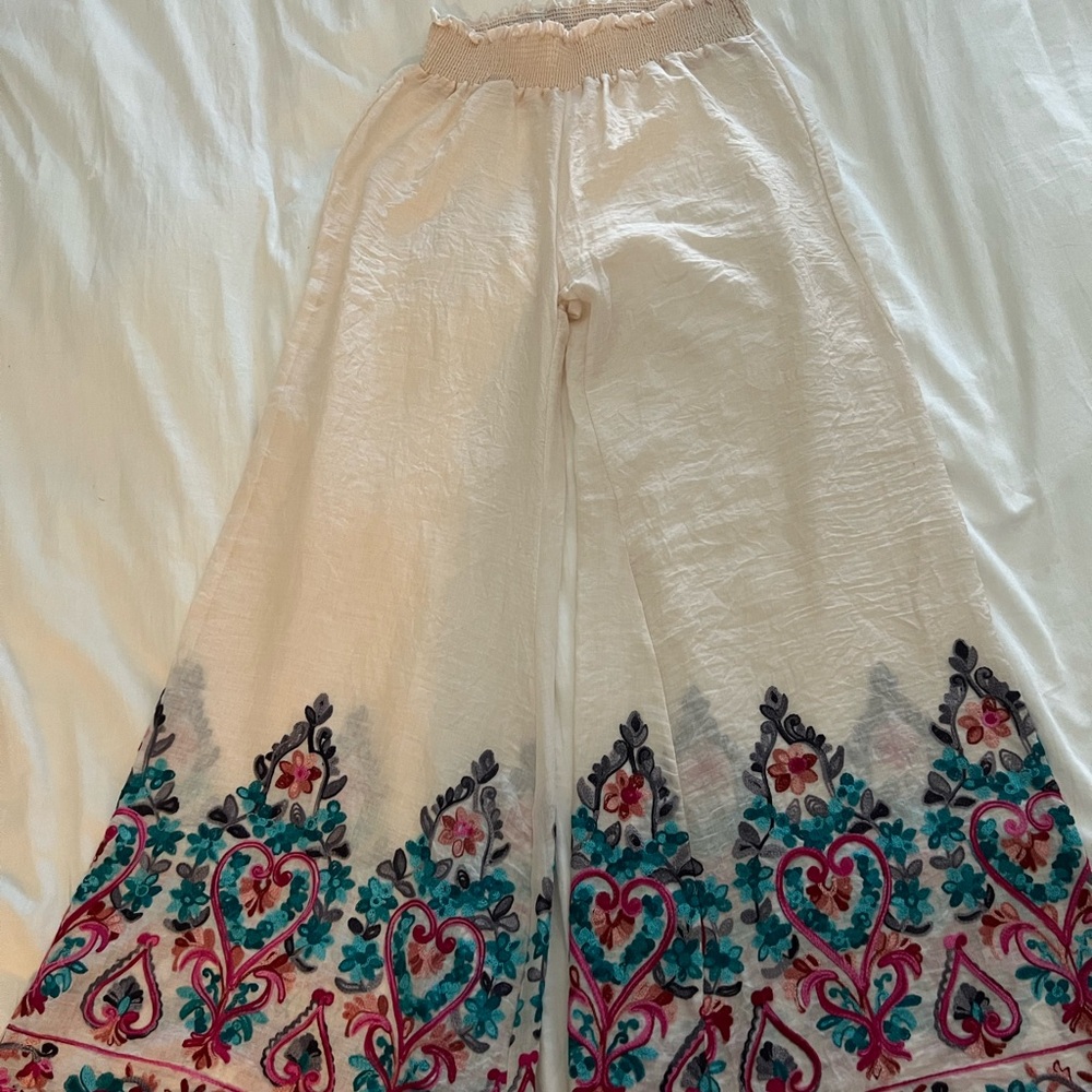 Cream, linen pants with embroidered detail